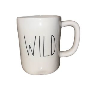 Rae Dunn Wild mug white with black writing for coffee or tea